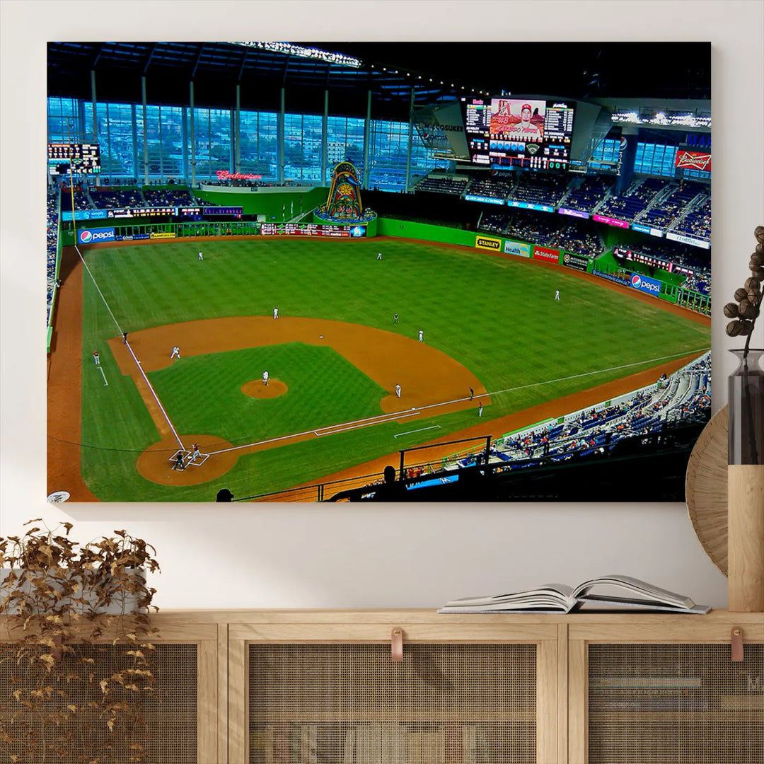 A striking three-panel Miami Marlins wall art of the LoanDepot Park stadium hangs above, enhancing the space with its premium canvas and gallery-quality finish.