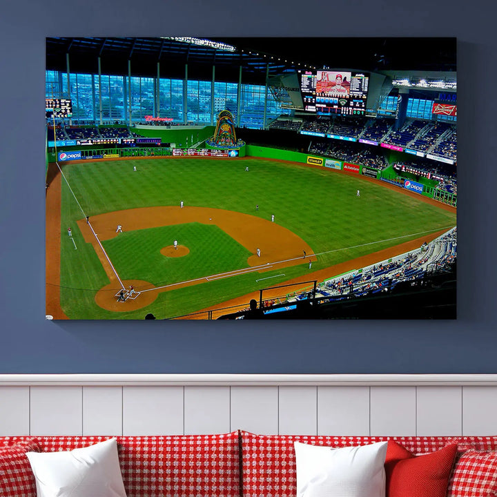 A striking three-panel Miami Marlins wall art of the LoanDepot Park stadium hangs above, enhancing the space with its premium canvas and gallery-quality finish.