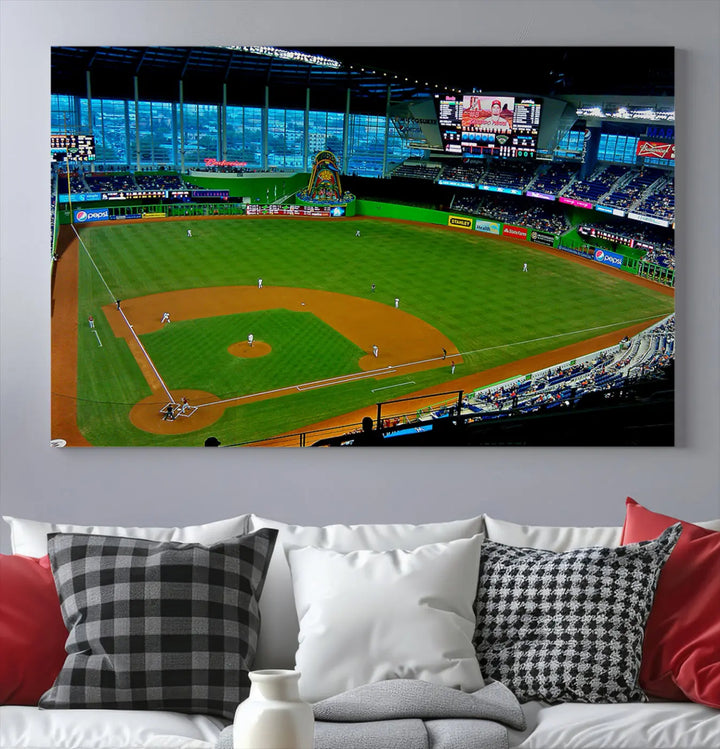 A striking three-panel Miami Marlins wall art of the LoanDepot Park stadium hangs above, enhancing the space with its premium canvas and gallery-quality finish.