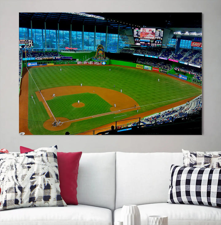 A striking three-panel Miami Marlins wall art of the LoanDepot Park stadium hangs above, enhancing the space with its premium canvas and gallery-quality finish.