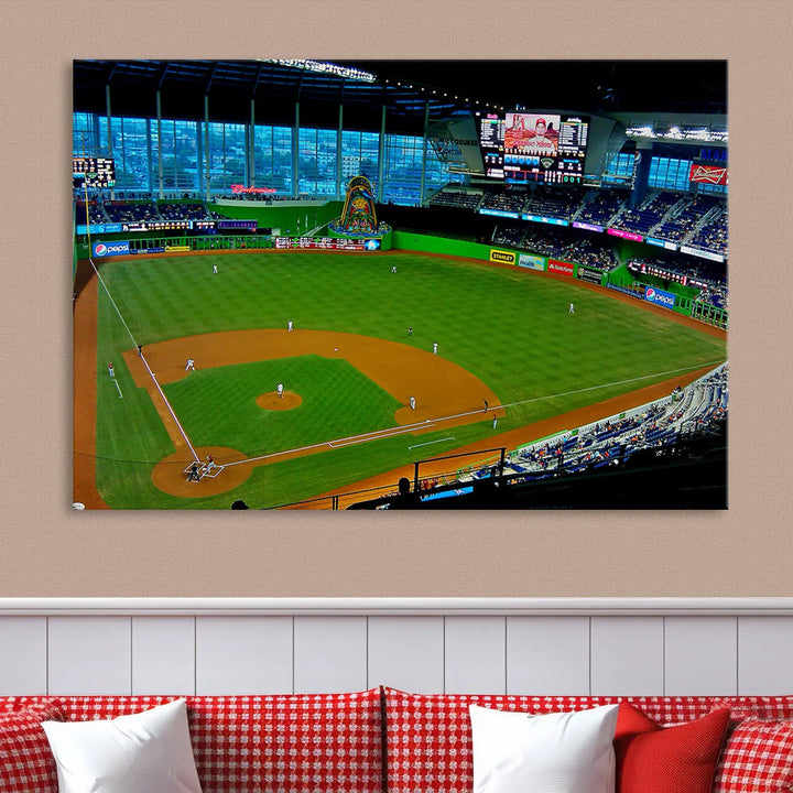 A striking three-panel Miami Marlins wall art of the LoanDepot Park stadium hangs above, enhancing the space with its premium canvas and gallery-quality finish.