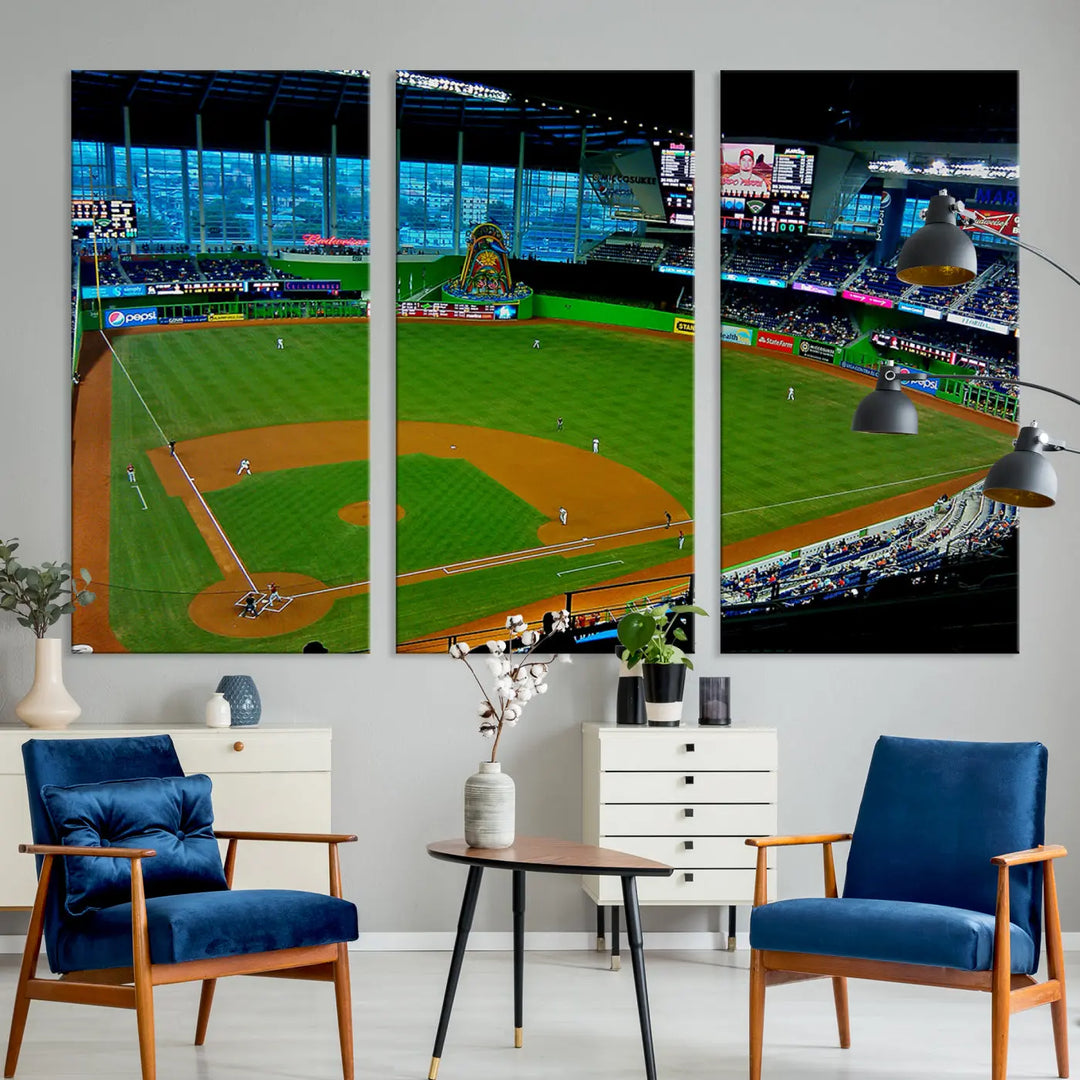 A striking three-panel Miami Marlins wall art of the LoanDepot Park stadium hangs above, enhancing the space with its premium canvas and gallery-quality finish.