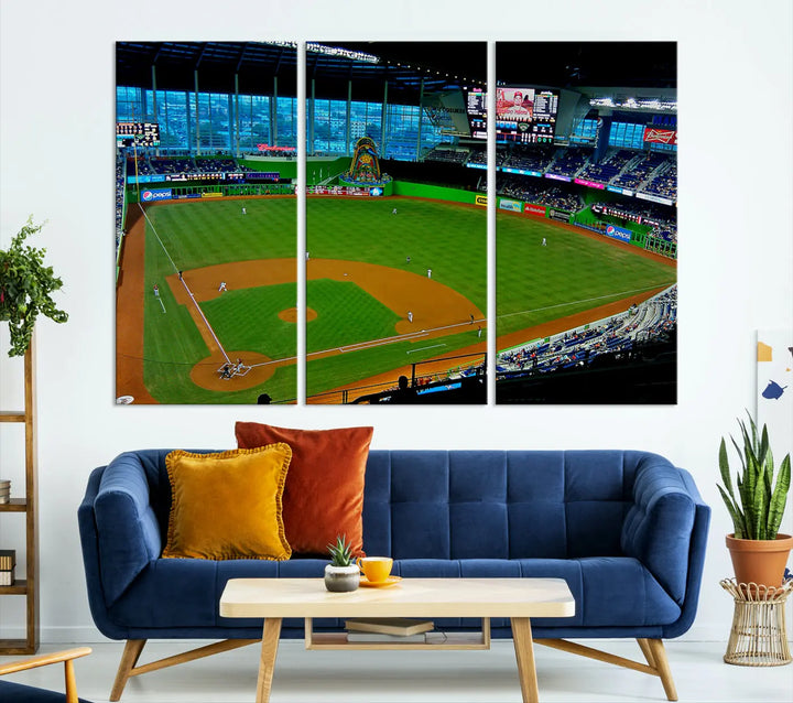 A striking three-panel Miami Marlins wall art of the LoanDepot Park stadium hangs above, enhancing the space with its premium canvas and gallery-quality finish.