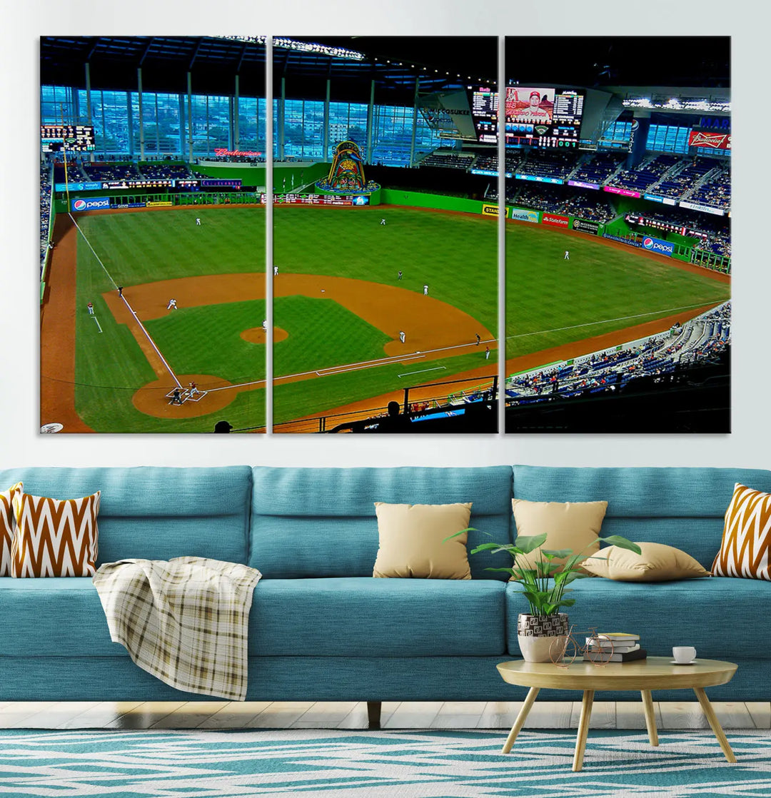 A striking three-panel Miami Marlins wall art of the LoanDepot Park stadium hangs above, enhancing the space with its premium canvas and gallery-quality finish.