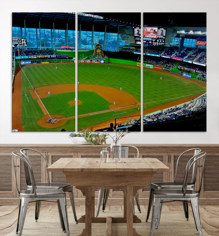 A striking three-panel Miami Marlins wall art of the LoanDepot Park stadium hangs above, enhancing the space with its premium canvas and gallery-quality finish.