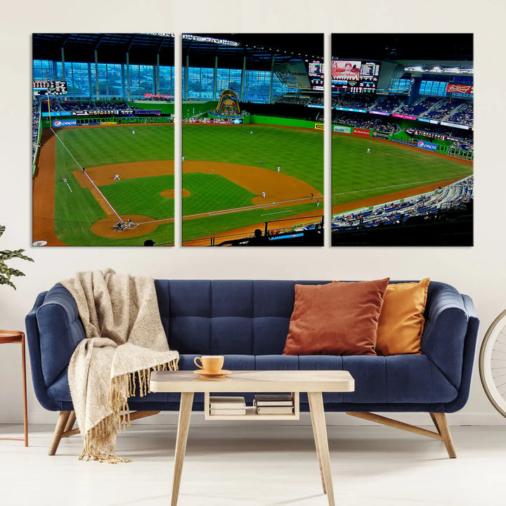 A striking three-panel Miami Marlins wall art of the LoanDepot Park stadium hangs above, enhancing the space with its premium canvas and gallery-quality finish.