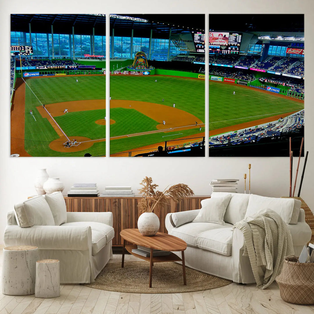 A striking three-panel Miami Marlins wall art of the LoanDepot Park stadium hangs above, enhancing the space with its premium canvas and gallery-quality finish.