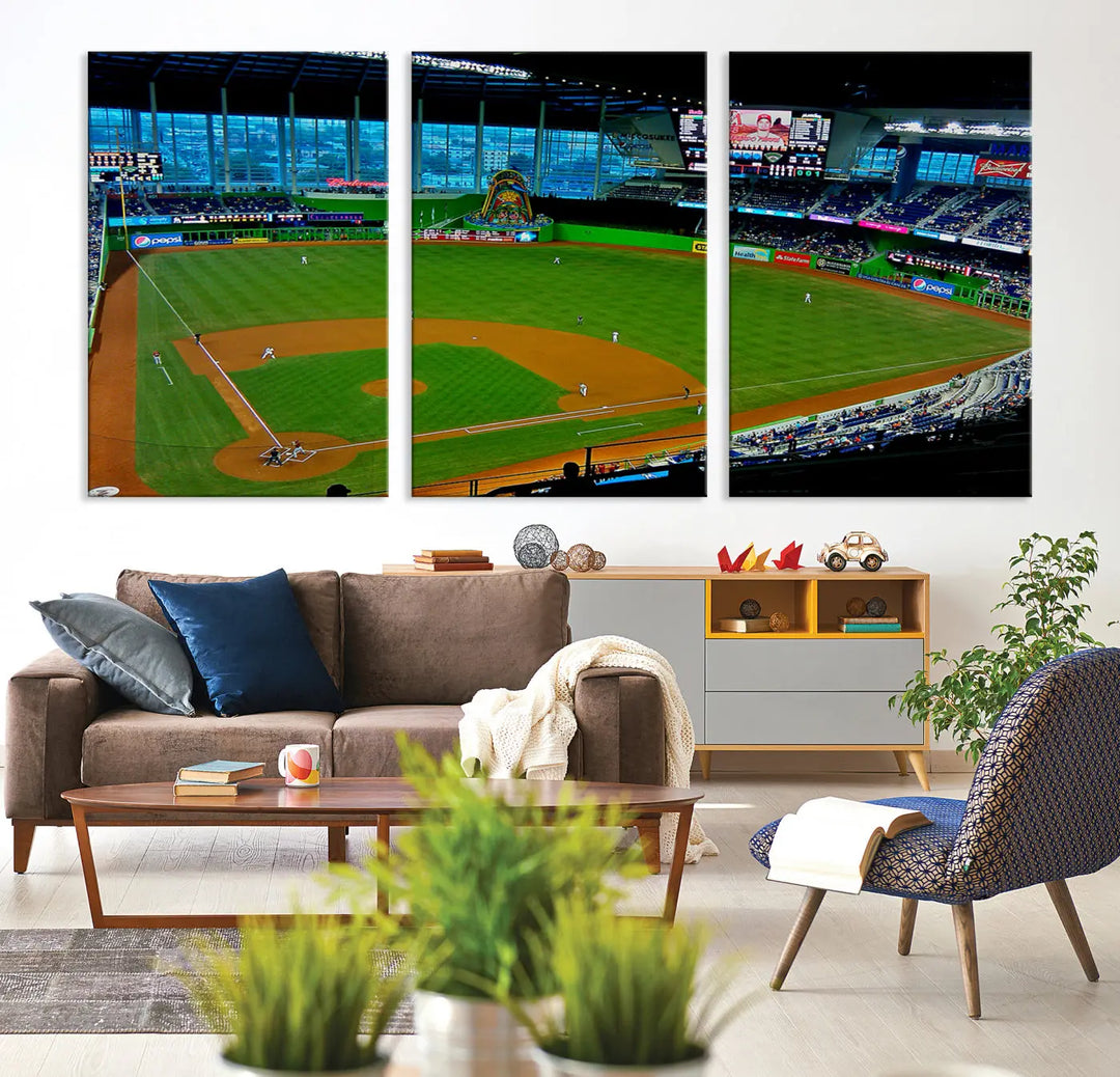 A striking three-panel Miami Marlins wall art of the LoanDepot Park stadium hangs above, enhancing the space with its premium canvas and gallery-quality finish.