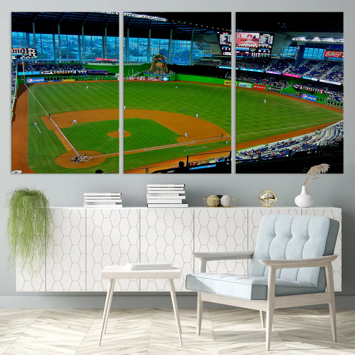 A striking three-panel Miami Marlins wall art of the LoanDepot Park stadium hangs above, enhancing the space with its premium canvas and gallery-quality finish.