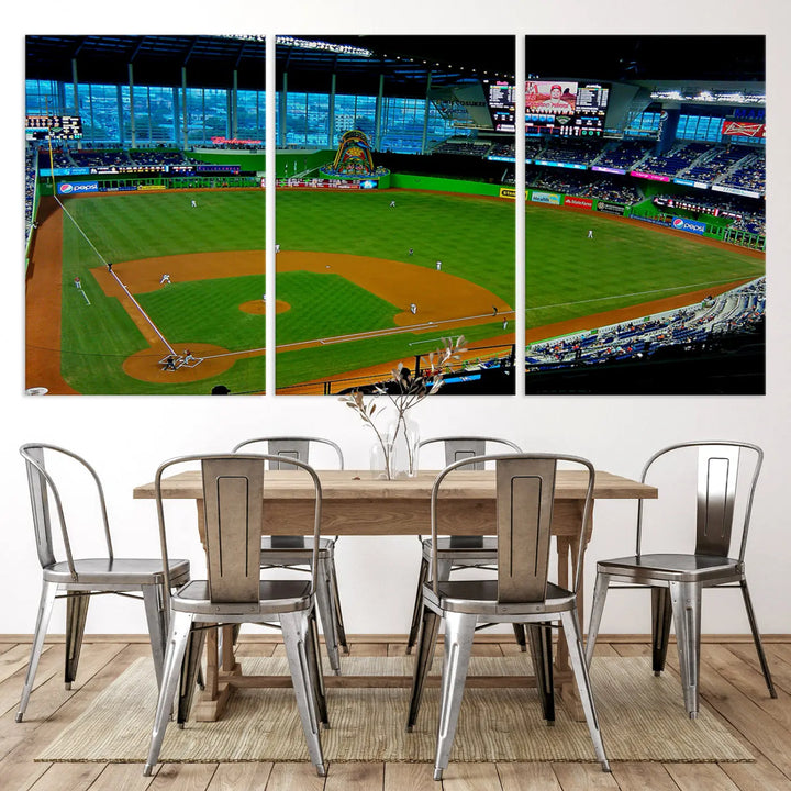 A striking three-panel Miami Marlins wall art of the LoanDepot Park stadium hangs above, enhancing the space with its premium canvas and gallery-quality finish.