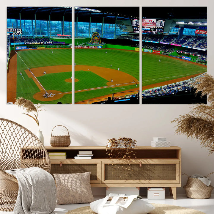 A striking three-panel Miami Marlins wall art of the LoanDepot Park stadium hangs above, enhancing the space with its premium canvas and gallery-quality finish.