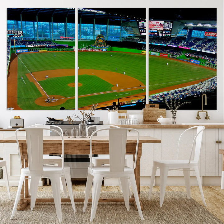 A striking three-panel Miami Marlins wall art of the LoanDepot Park stadium hangs above, enhancing the space with its premium canvas and gallery-quality finish.