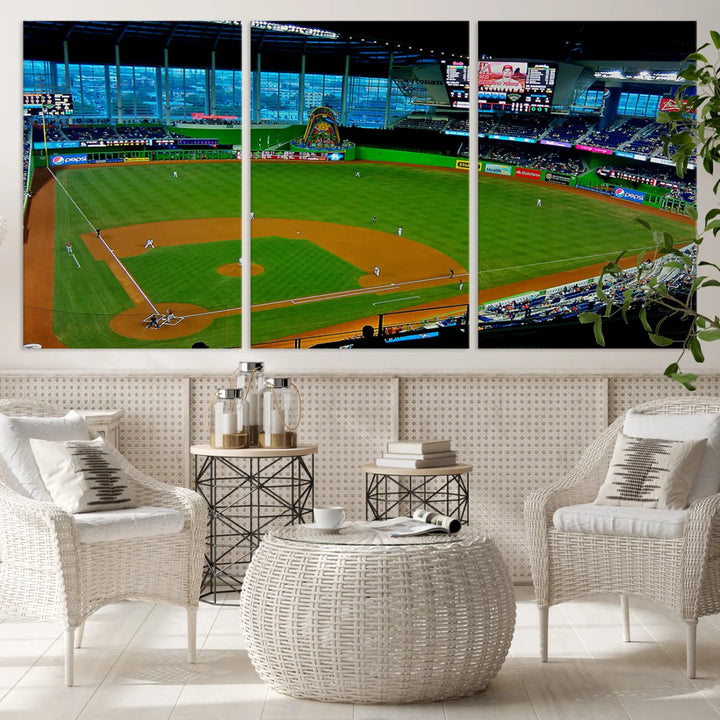 A striking three-panel Miami Marlins wall art of the LoanDepot Park stadium hangs above, enhancing the space with its premium canvas and gallery-quality finish.