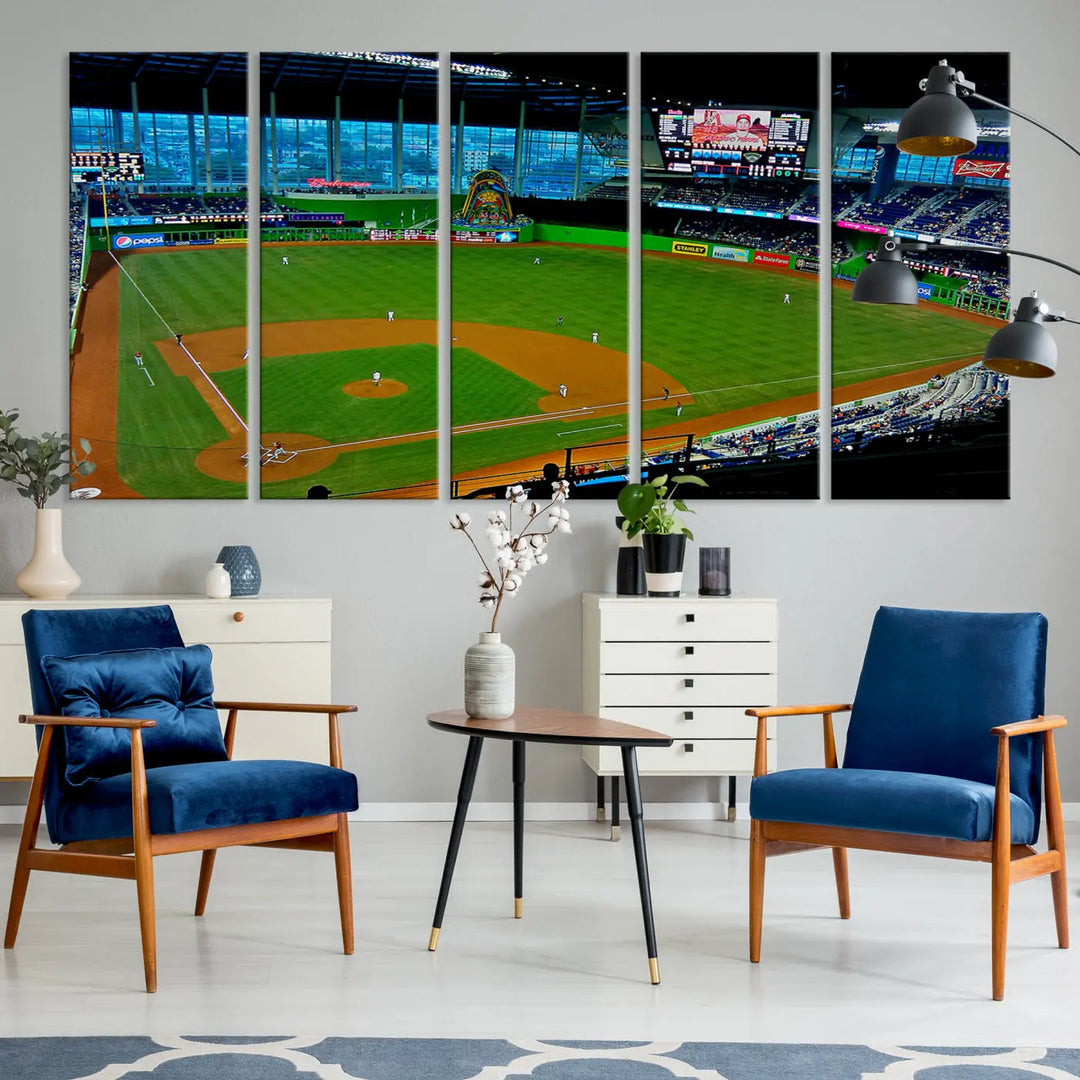 A striking three-panel Miami Marlins wall art of the LoanDepot Park stadium hangs above, enhancing the space with its premium canvas and gallery-quality finish.