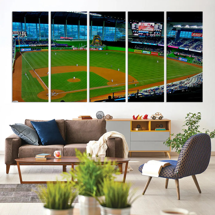 A striking three-panel Miami Marlins wall art of the LoanDepot Park stadium hangs above, enhancing the space with its premium canvas and gallery-quality finish.