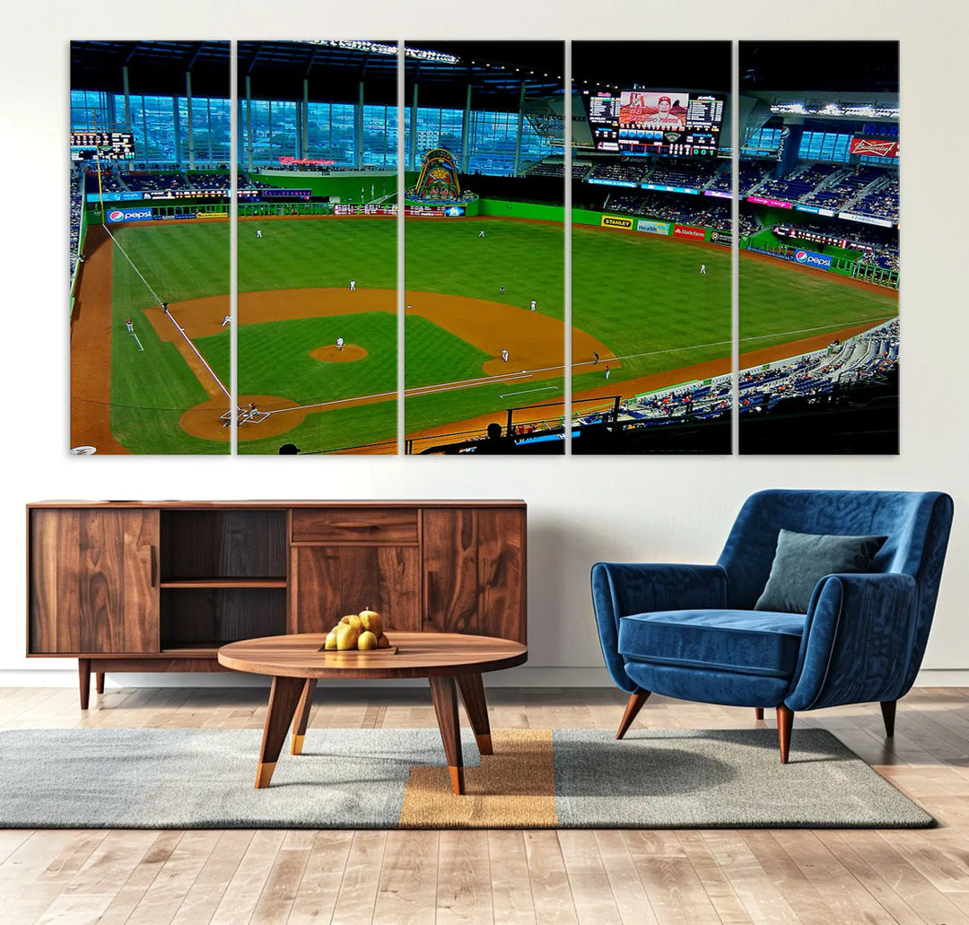 A striking three-panel Miami Marlins wall art of the LoanDepot Park stadium hangs above, enhancing the space with its premium canvas and gallery-quality finish.