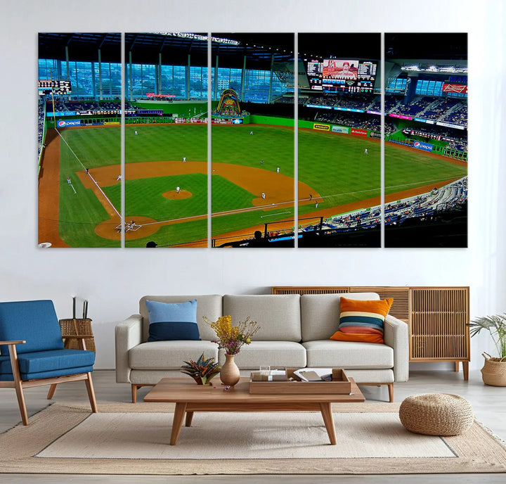 A striking three-panel Miami Marlins wall art of the LoanDepot Park stadium hangs above, enhancing the space with its premium canvas and gallery-quality finish.