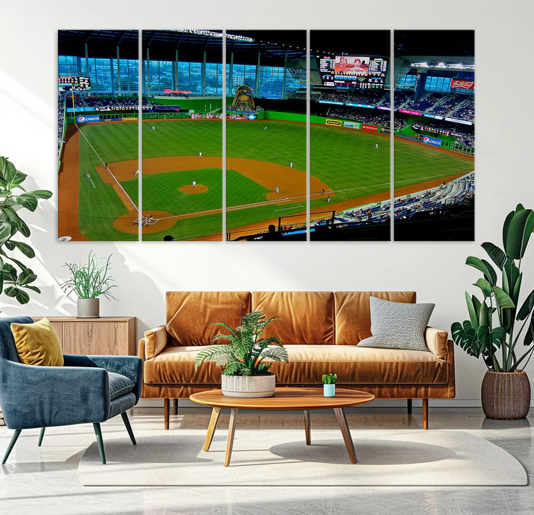 A striking three-panel Miami Marlins wall art of the LoanDepot Park stadium hangs above, enhancing the space with its premium canvas and gallery-quality finish.