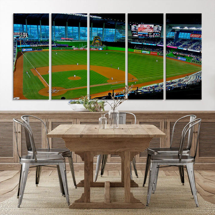 A striking three-panel Miami Marlins wall art of the LoanDepot Park stadium hangs above, enhancing the space with its premium canvas and gallery-quality finish.