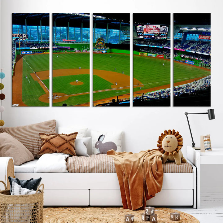 A striking three-panel Miami Marlins wall art of the LoanDepot Park stadium hangs above, enhancing the space with its premium canvas and gallery-quality finish.