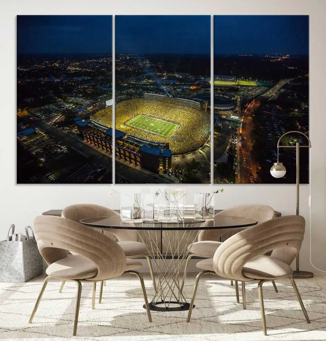 The vibrant energy of game day is perfectly captured in the Michigan Stadium Night Game Wall Art – Sports Arena Aerial View Canvas Print, framed and ready to hang.