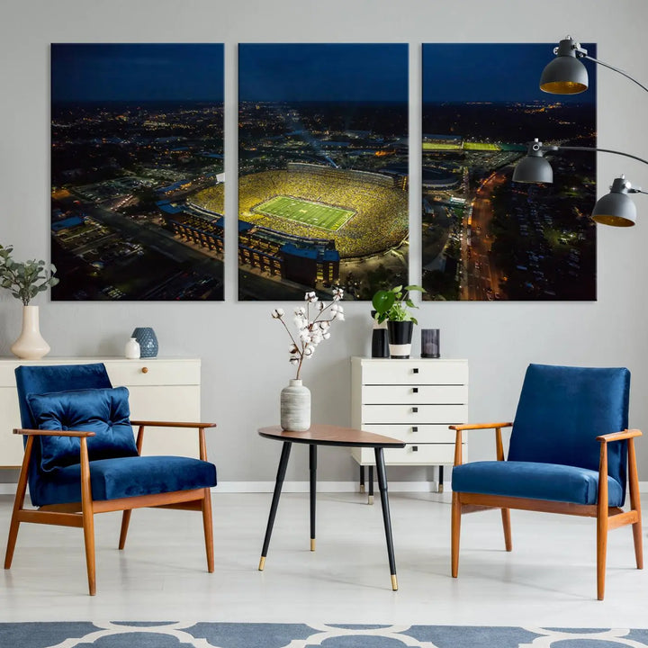 The vibrant energy of game day is perfectly captured in the Michigan Stadium Night Game Wall Art – Sports Arena Aerial View Canvas Print, framed and ready to hang.