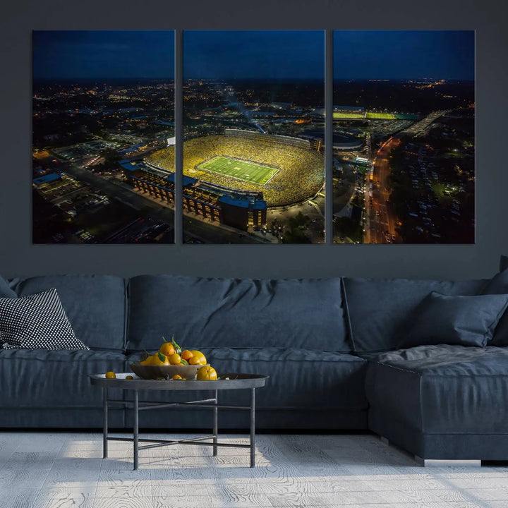 The vibrant energy of game day is perfectly captured in the Michigan Stadium Night Game Wall Art – Sports Arena Aerial View Canvas Print, framed and ready to hang.