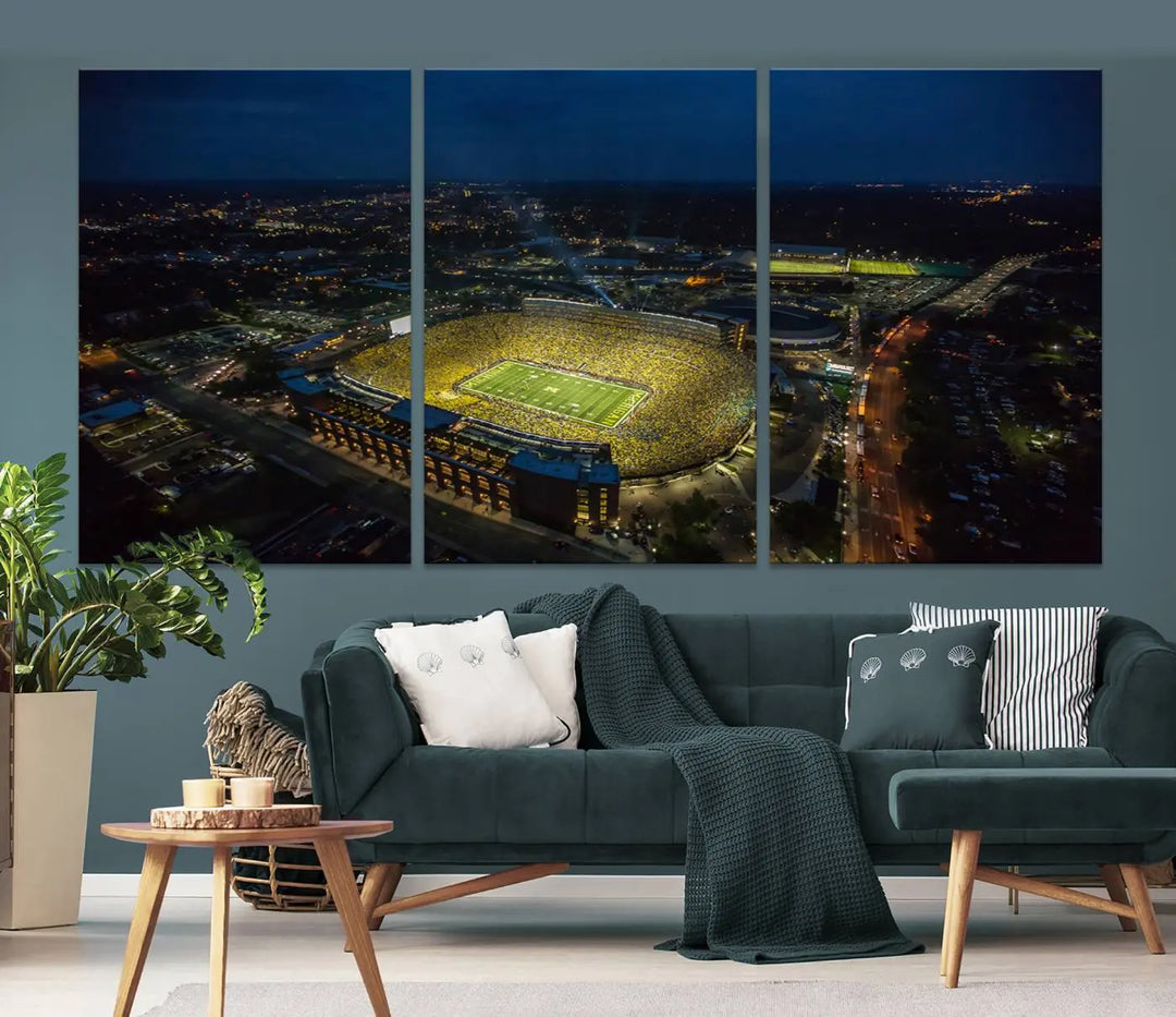 The vibrant energy of game day is perfectly captured in the Michigan Stadium Night Game Wall Art – Sports Arena Aerial View Canvas Print, framed and ready to hang.