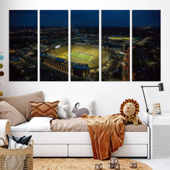 The vibrant energy of game day is perfectly captured in the Michigan Stadium Night Game Wall Art – Sports Arena Aerial View Canvas Print, framed and ready to hang.