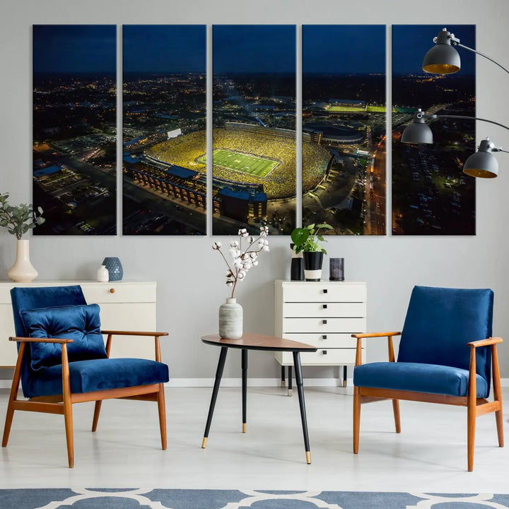 The vibrant energy of game day is perfectly captured in the Michigan Stadium Night Game Wall Art – Sports Arena Aerial View Canvas Print, framed and ready to hang.