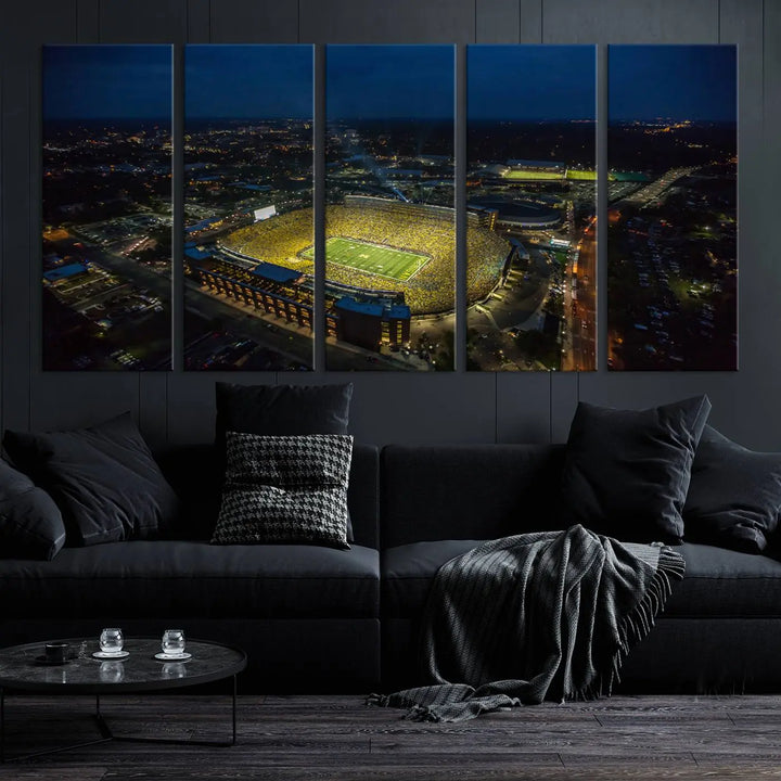 The vibrant energy of game day is perfectly captured in the Michigan Stadium Night Game Wall Art – Sports Arena Aerial View Canvas Print, framed and ready to hang.