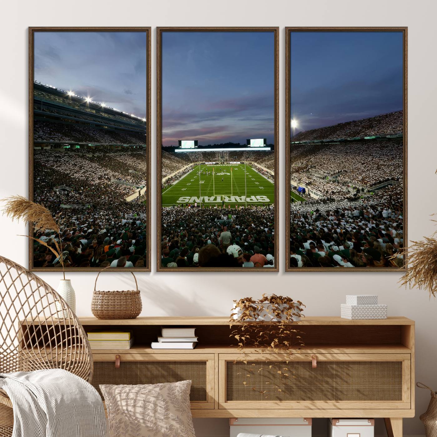 90831-MGV-FC-48X32-3P_Walnut-Michigan State Spartans Football Team Print - East Lansing Spartan Stadium Canvas Print