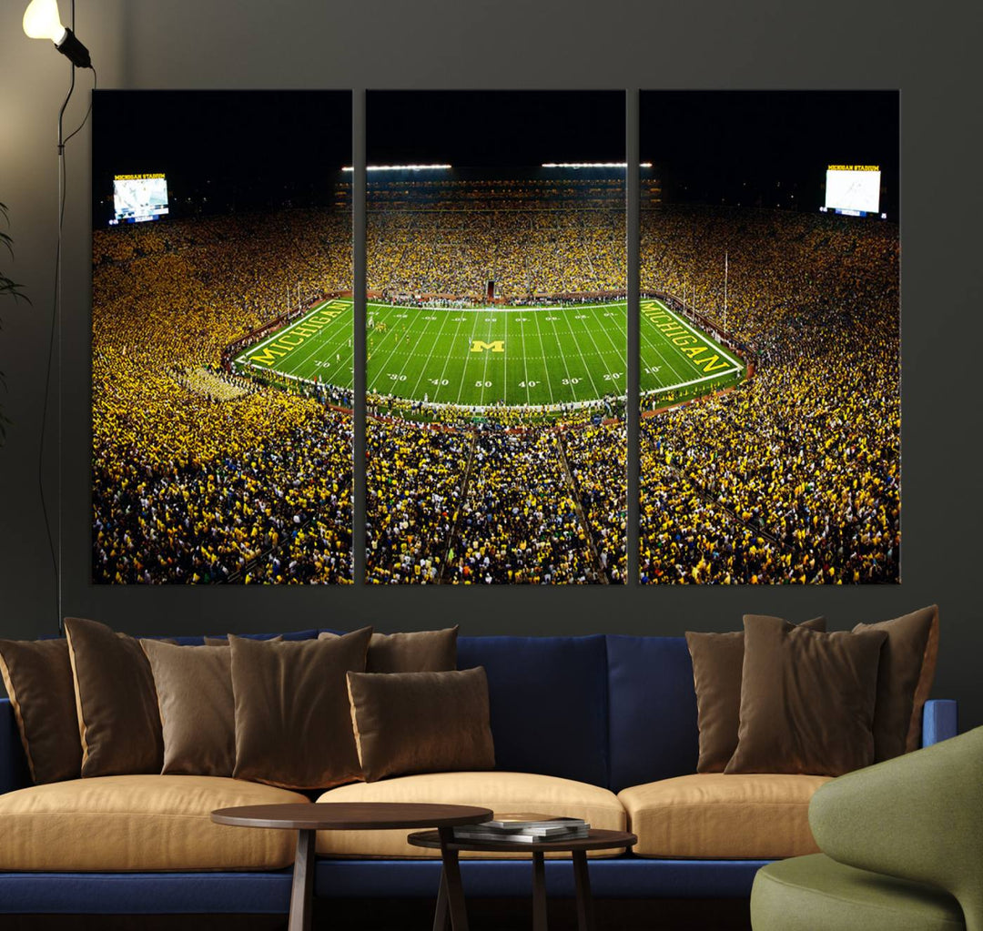 Michigan Wolverines Football Team Print - Michigan Stadium Night Game Canvas Wall Art - University of Michigan Football Match