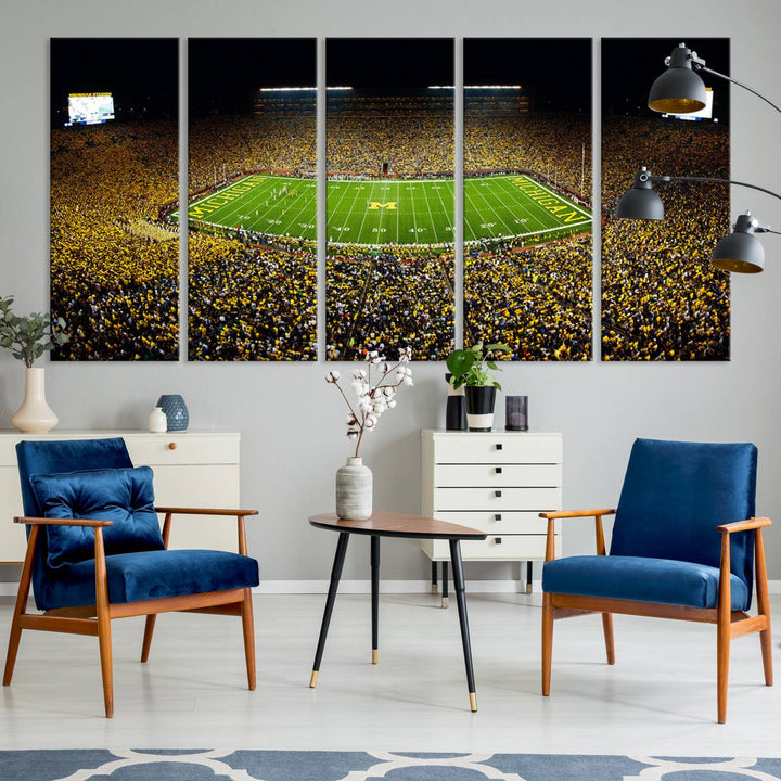 Michigan Wolverines Football Team Print - Michigan Stadium Night Game Canvas Wall Art - University of Michigan Football Match
