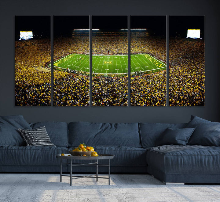Michigan Wolverines Football Team Print - Michigan Stadium Night Game Canvas Wall Art - University of Michigan Football Match