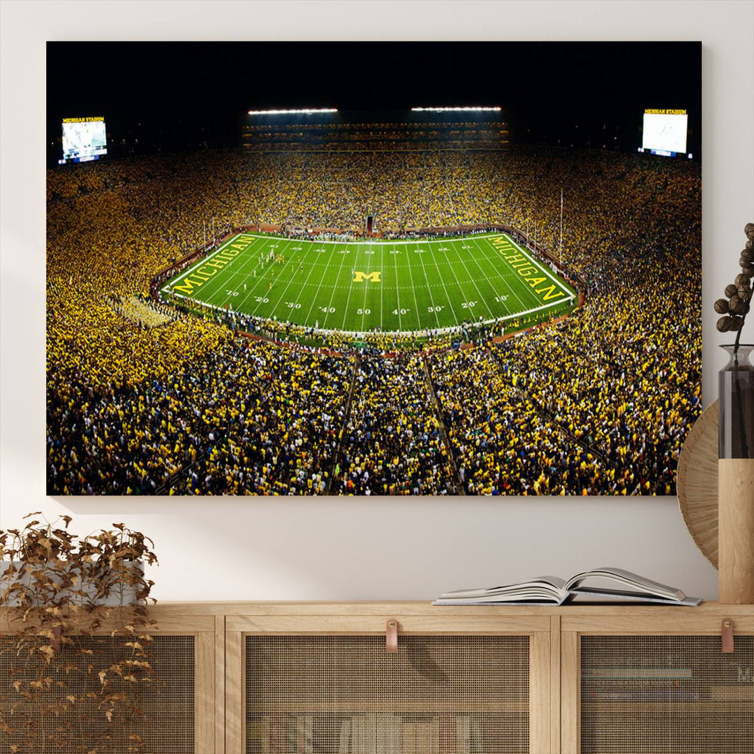 Michigan Wolverines Football Team Print - Michigan Stadium Night Game Canvas Wall Art - University of Michigan Football Match
