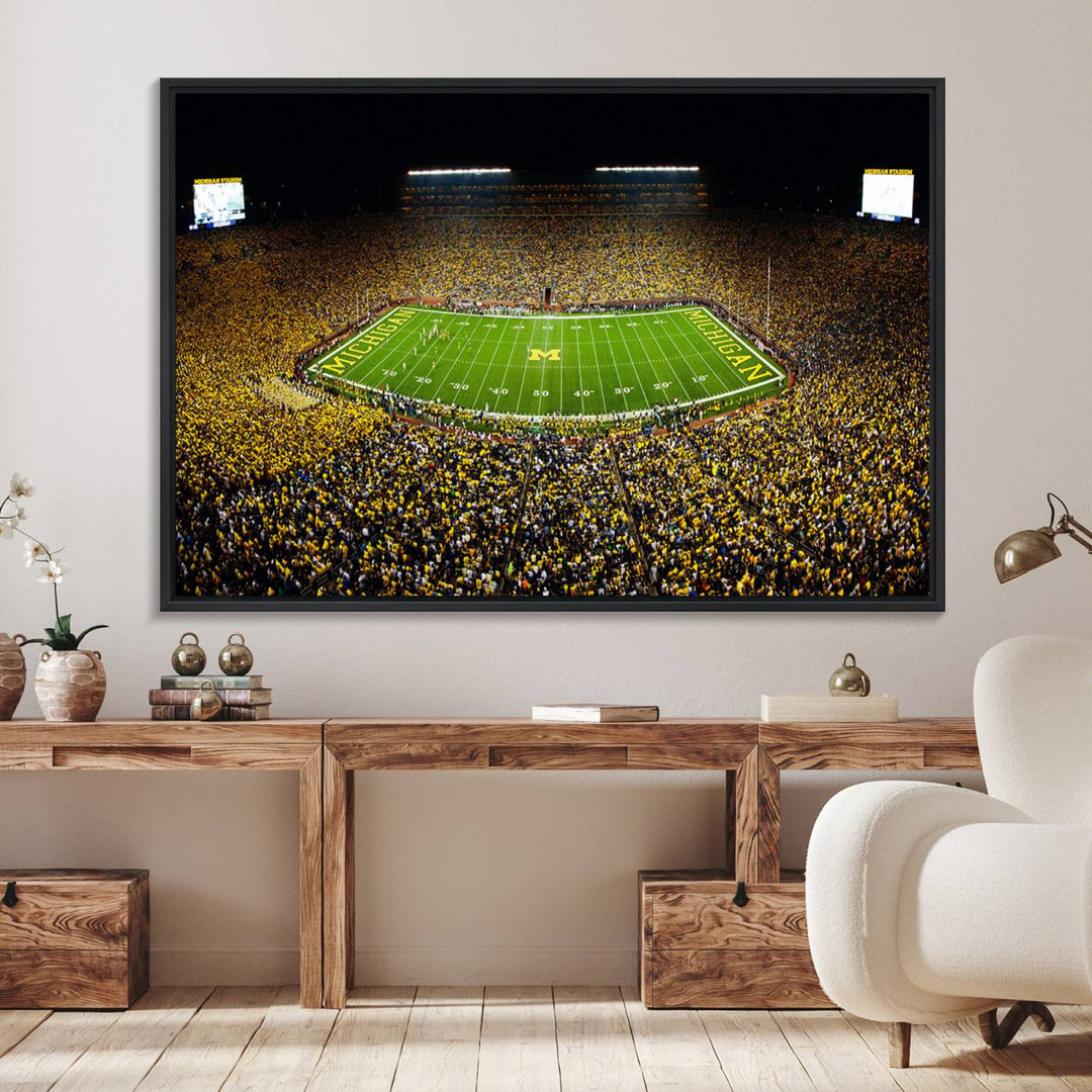 26166-MGV-FC-36X24_Black-Michigan Wolverines Football Team Print - Michigan Stadium Night Game Canvas Wall Art - University of Michigan Football Match