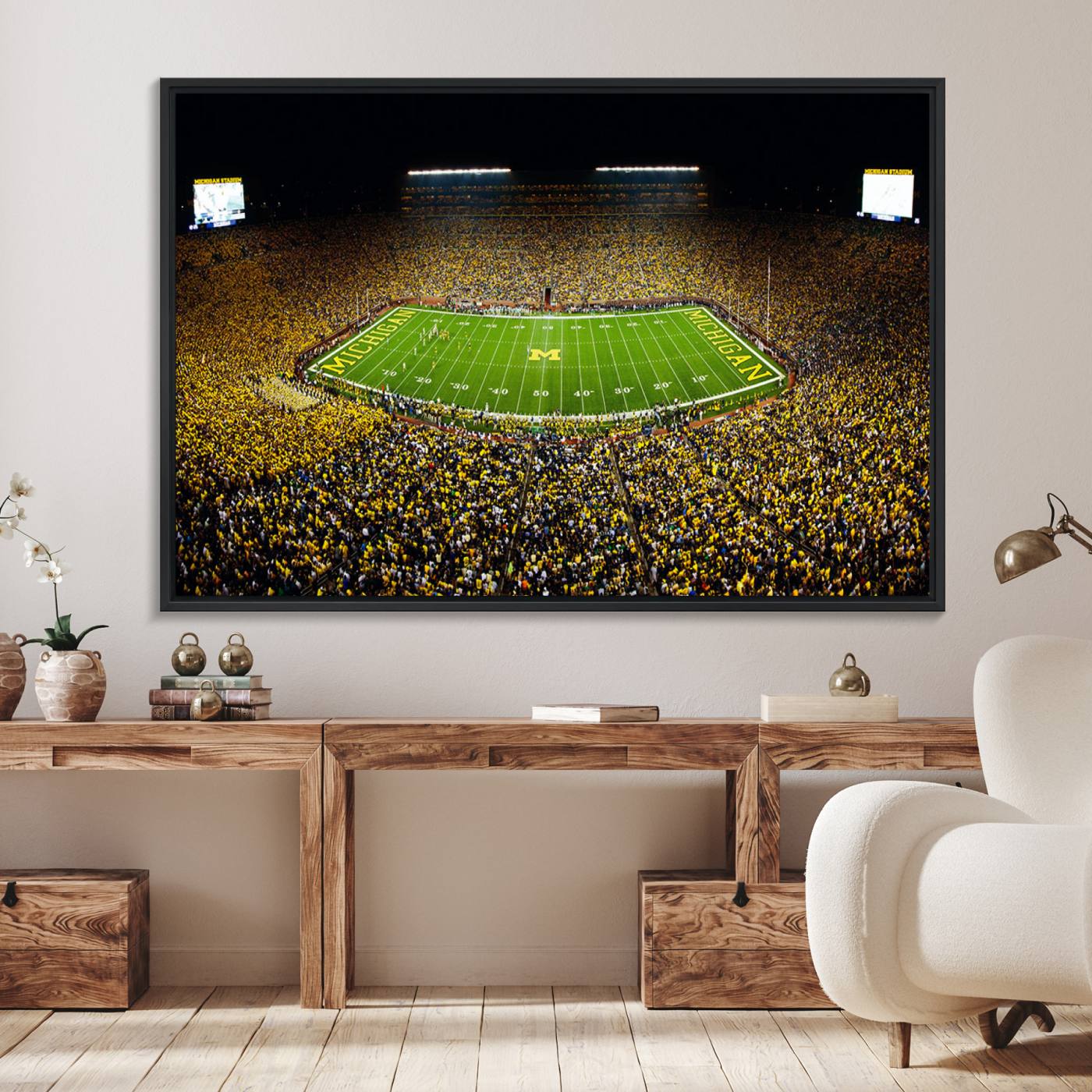 26166-MGV-FC-36X24_Black-Michigan Wolverines Football Team Print - Michigan Stadium Night Game Canvas Wall Art - University of Michigan Football Match