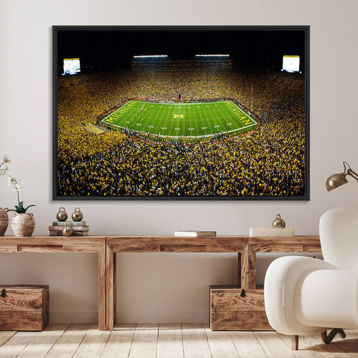 26166-MGV-FC-36X24_Black-Michigan Wolverines Football Team Print - Michigan Stadium Night Game Canvas Wall Art - University of Michigan Football Match
