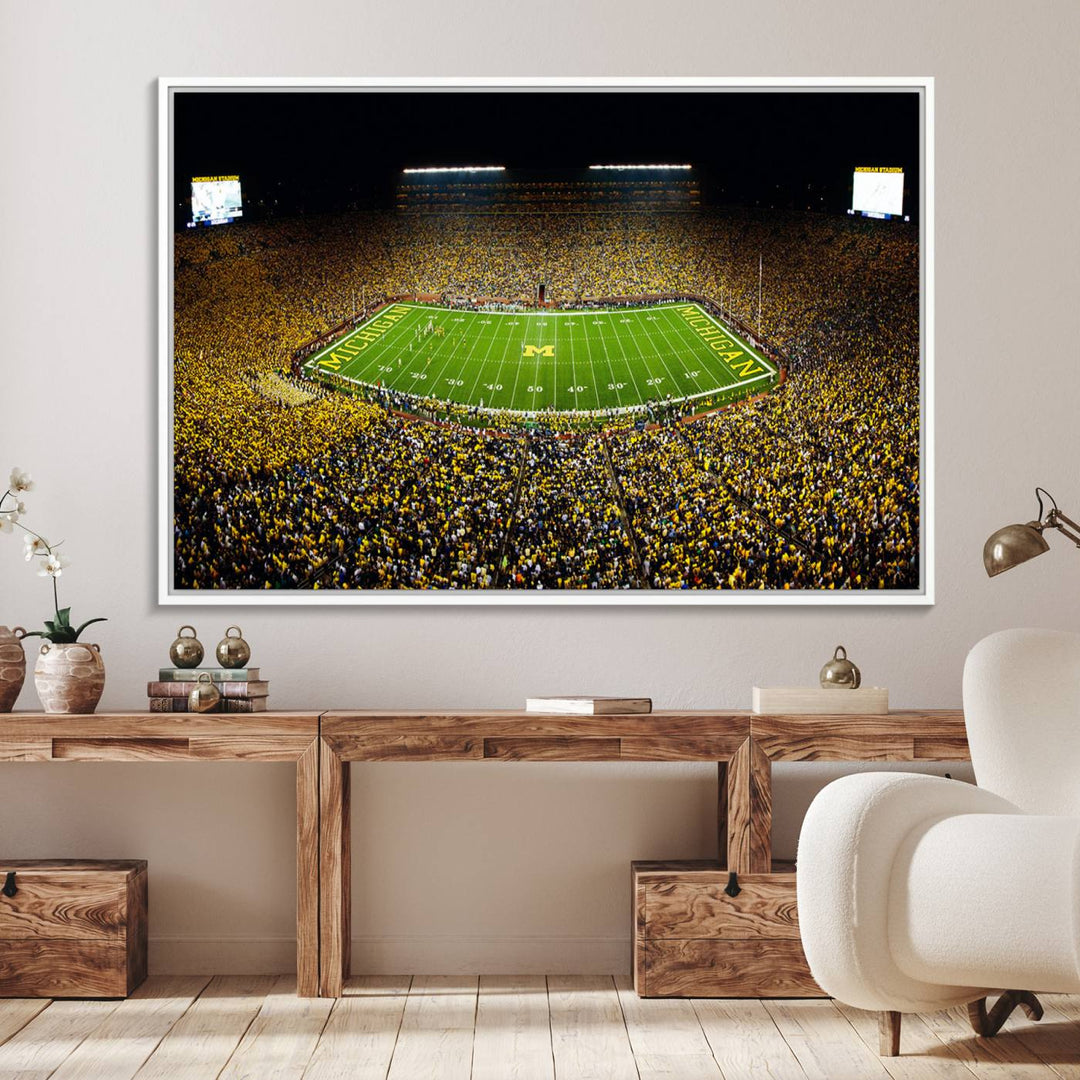 26166-MGV-FC-36X24_White-Michigan Wolverines Football Team Print - Michigan Stadium Night Game Canvas Wall Art - University of Michigan Football Match