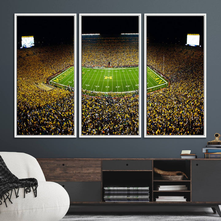 26166-MGV-FC-48X32-3P_White-Michigan Wolverines Football Team Print - Michigan Stadium Night Game Canvas Wall Art - University of Michigan Football Match
