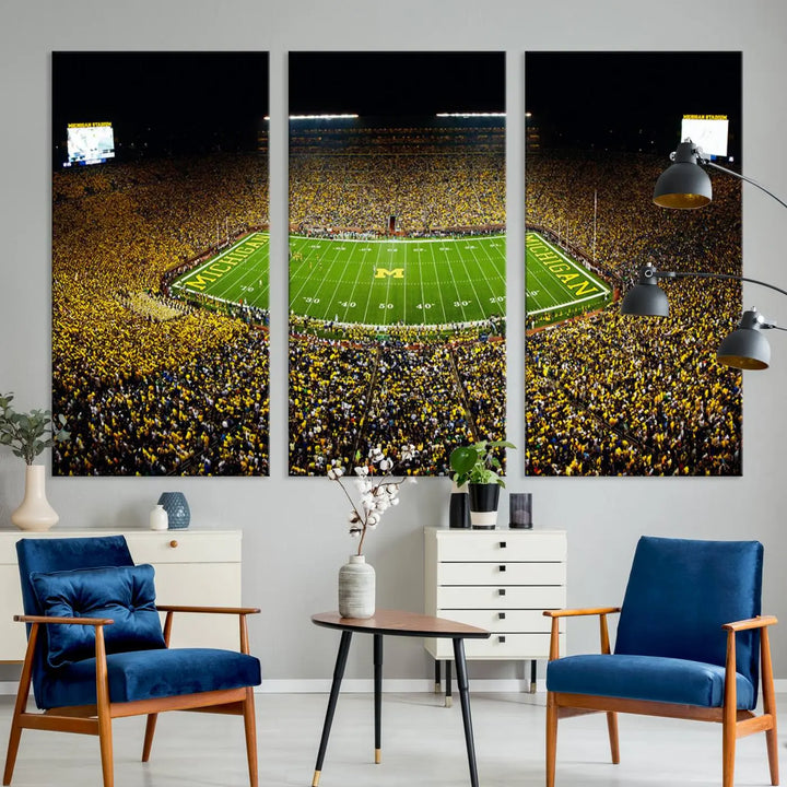 A triptych image vividly captures the electric energy of Michigan Stadium during a night game, with a sea of cheering fans. This Michigan Wolverines Football Team canvas print infuses any home with dynamic spirit and pride.