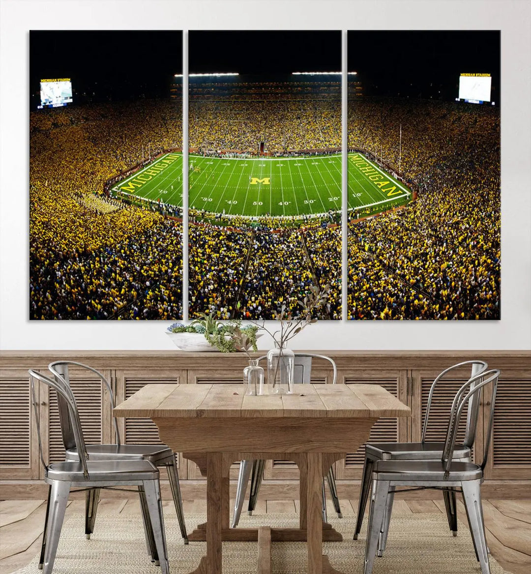 A triptych image vividly captures the electric energy of Michigan Stadium during a night game, with a sea of cheering fans. This Michigan Wolverines Football Team canvas print infuses any home with dynamic spirit and pride.