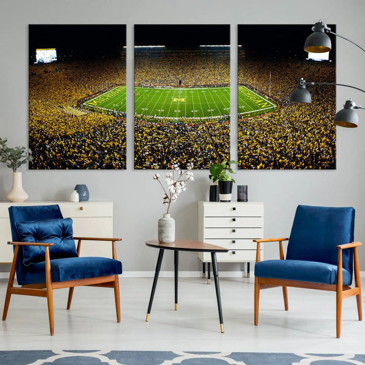 A triptych image vividly captures the electric energy of Michigan Stadium during a night game, with a sea of cheering fans. This Michigan Wolverines Football Team canvas print infuses any home with dynamic spirit and pride.