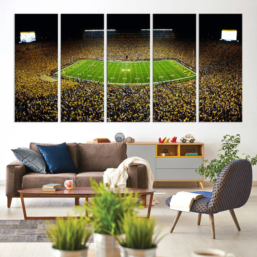 A triptych image vividly captures the electric energy of Michigan Stadium during a night game, with a sea of cheering fans. This Michigan Wolverines Football Team canvas print infuses any home with dynamic spirit and pride.