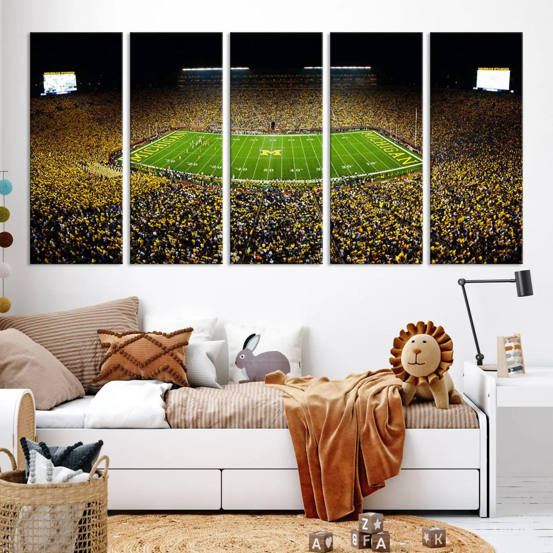 A triptych image vividly captures the electric energy of Michigan Stadium during a night game, with a sea of cheering fans. This Michigan Wolverines Football Team canvas print infuses any home with dynamic spirit and pride.