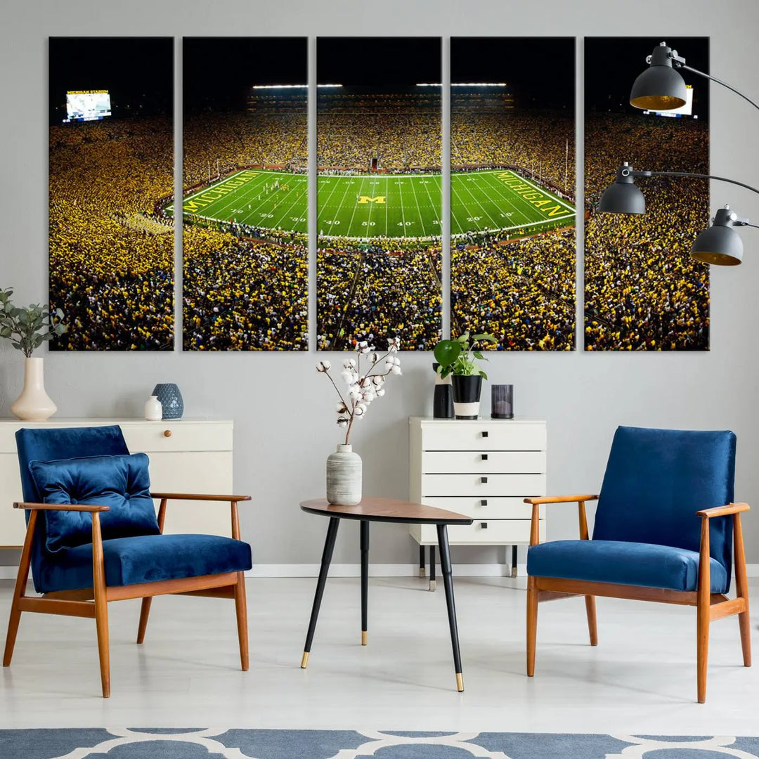 A triptych image vividly captures the electric energy of Michigan Stadium during a night game, with a sea of cheering fans. This Michigan Wolverines Football Team canvas print infuses any home with dynamic spirit and pride.