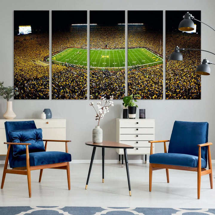 A triptych image vividly captures the electric energy of Michigan Stadium during a night game, with a sea of cheering fans. This Michigan Wolverines Football Team canvas print infuses any home with dynamic spirit and pride.