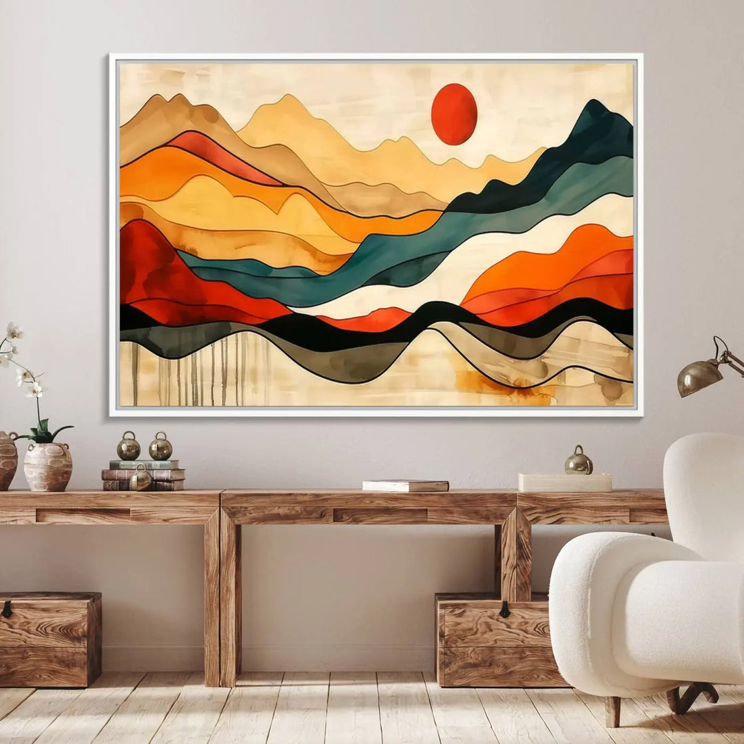 Abstract Mountain Wall Art Triptych with a Red Sun, ideal for a Mid-Century style space.