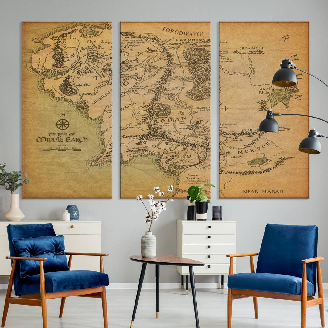 Middle Earth Map Wall Art – Vintage Triptych Canvas Set Featuring Detailed Regions of Rohan, Gondor, and Mordor